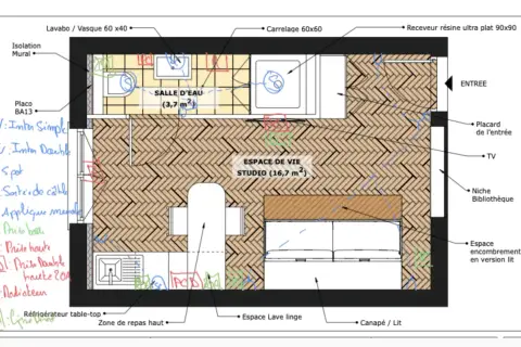 Plan d'un studio avec salle d'eau, cuisine et espace de vie. Idéal pour refaire électricité maison, avec symboles pour prises et interrupteurs.