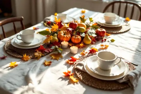 Décoration table automne facile : citrouilles, poires, pommes et feuilles d'automne créent une ambiance chaleureuse. Bougies allumées pour un dîner convivial.