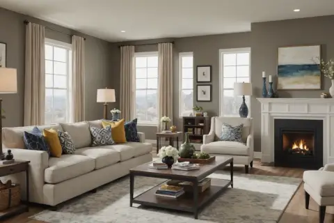 Quel budget pour meubler une maison neuve ? Un salon cosy avec canapé, fauteuils, table basse, cheminée et vue sur la nature.