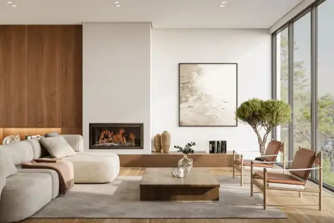 Salon moderne avec cheminée, canapé confortable et vue sur la nature. La hauteur du canapé est parfaite pour se détendre.