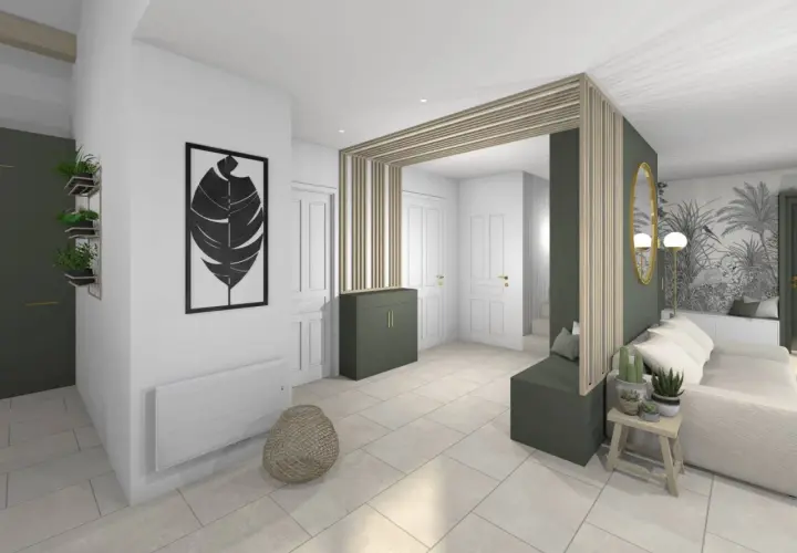 Aménagement entrée ouverte avec banc, meuble vert, et décoration murale végétale.
