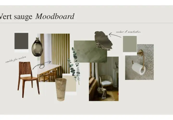 Moodboard "Vert sauge" : mobilier en bois sombre, rideaux, vase, et touches de couleur d'accentuation sur un mur vert sauge.