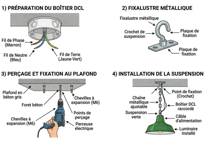 Étapes pour installer luminaire plafond : préparation du boîtier DCL, fixation métallique, perçage et installation de la suspension.