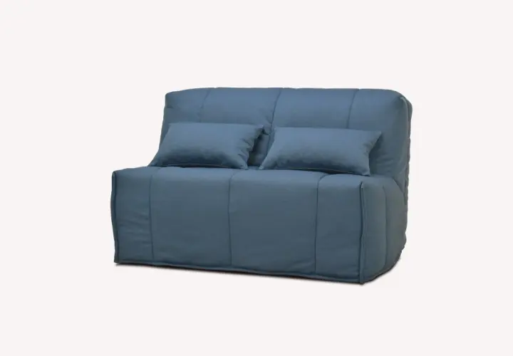 Canapé bz bleu avec coussins. Facile à déplier pour un couchage d'appoint.