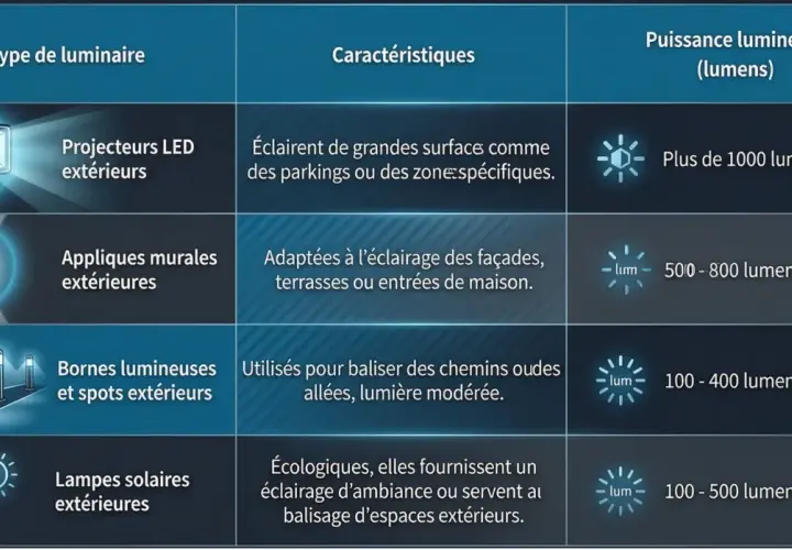 Tableau comparatif des types de luminaires extérieurs et leur puissance, utile pour la réglementation éclairage. Projecteurs, appliques, bornes et lampes solaires sont détaillés.