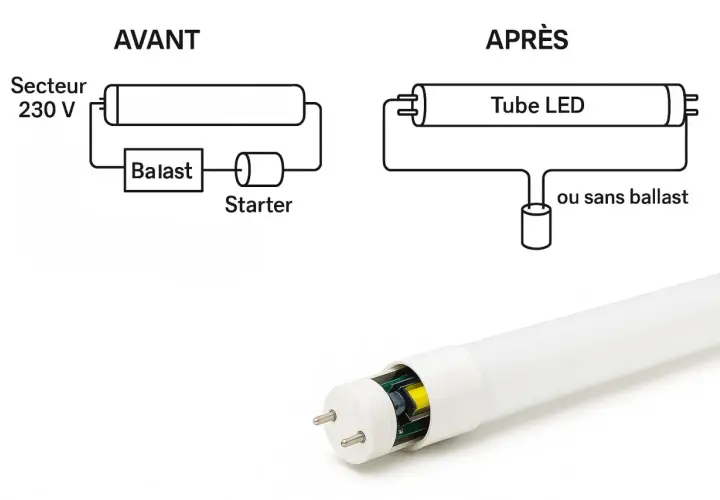 Schéma comparant un ancien système d'éclairage avec ballast et starter à un tube LED moderne, fonctionnant sans ballast.