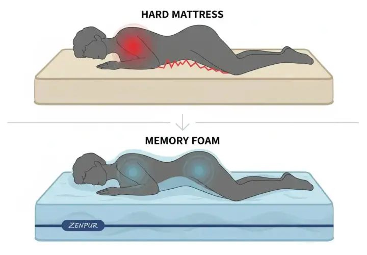 Comparaison de matelas : le matelas dur cause des points de pression douloureux pour ceux qui dorment sur le côté, tandis que le matelas en mousse à mémoire de forme épouse le corps.