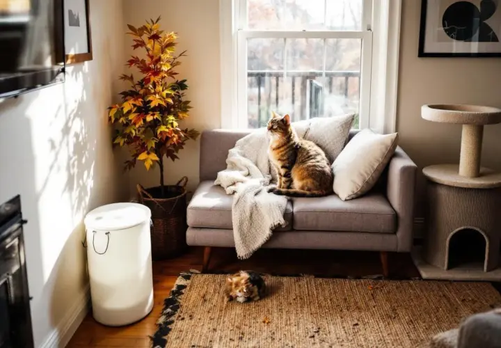 Quel canapé quand on a un chat ! Un grand félin brun trône sur le canapé gris, tandis qu'un autre se repose sur le tapis. Un arbre à chat et une plante d'intérieur complètent ce décor cosy.