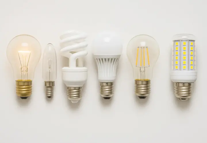 Six ampoules de différents types, dont une incandescente allumée. Peut-on mettre une ampoule 60W au lieu de 40W ?