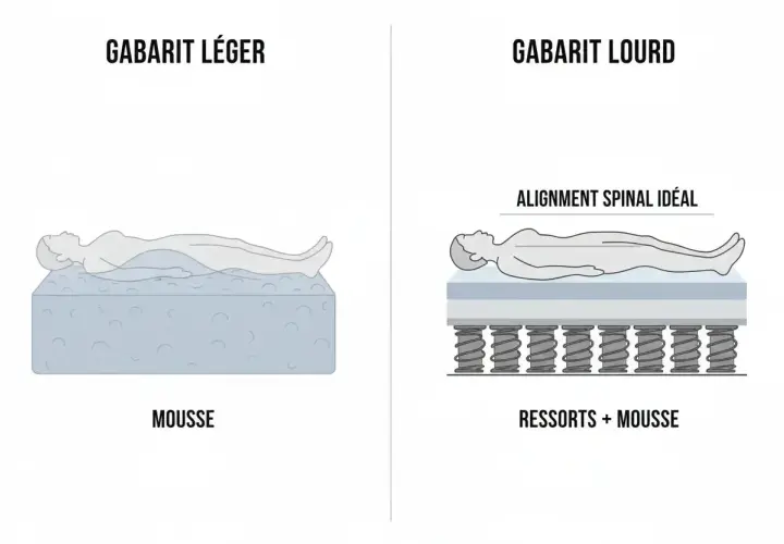 Pour une personne de plus de 100 kg, un matelas à ressorts et mousse offre un meilleur soutien et alignement spinal qu'un matelas en mousse seul.