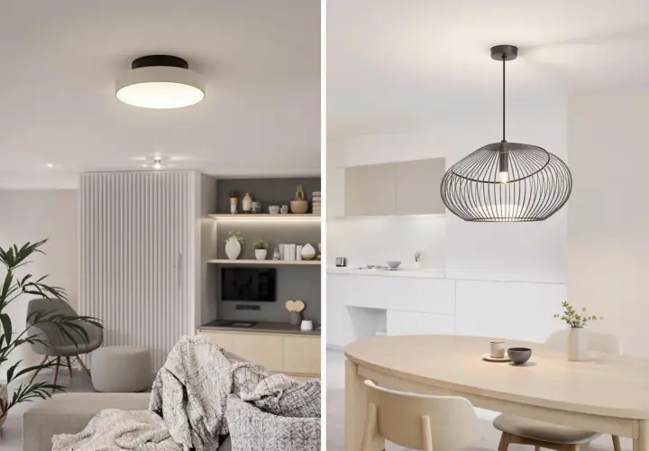 Un salon moderne avec un luminaire classe 2 sans terre au plafond et une cuisine épurée avec une suspension design au-dessus d'une table en bois.