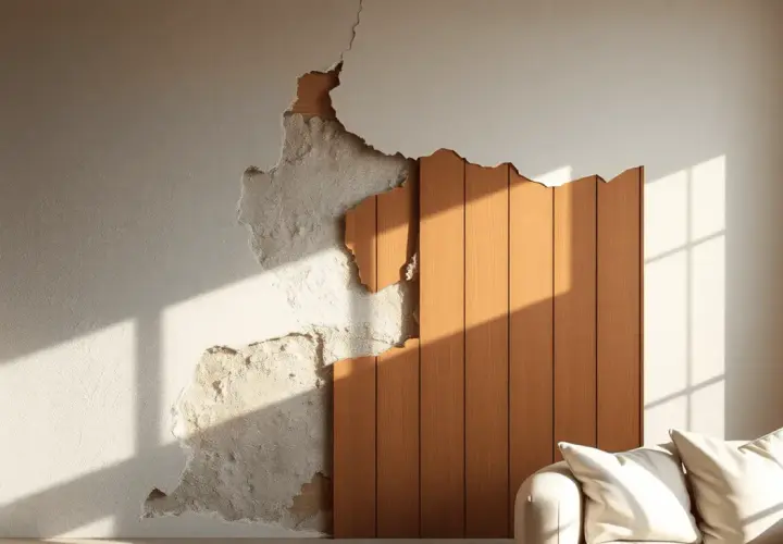 Un mur texturé, partiellement écaillé, révèle un panneau de bois chaleureux. Une idée créative pour comment habiller un mur avec style.