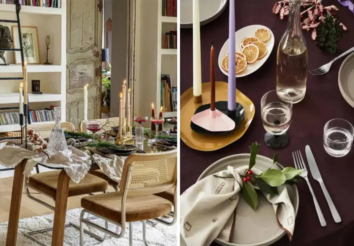 Ambiance chaleureuse pour une deco table nouvel an nature : bougies, verres à vin, et touches végétales créent une atmosphère festive et élégante.