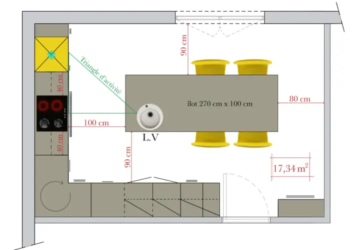 Plan de cuisine avec îlot central, évier, plaque de cuisson et réfrigérateur. L'espace autour de la table est optimisé pour un triangle d'activité fonctionnel.