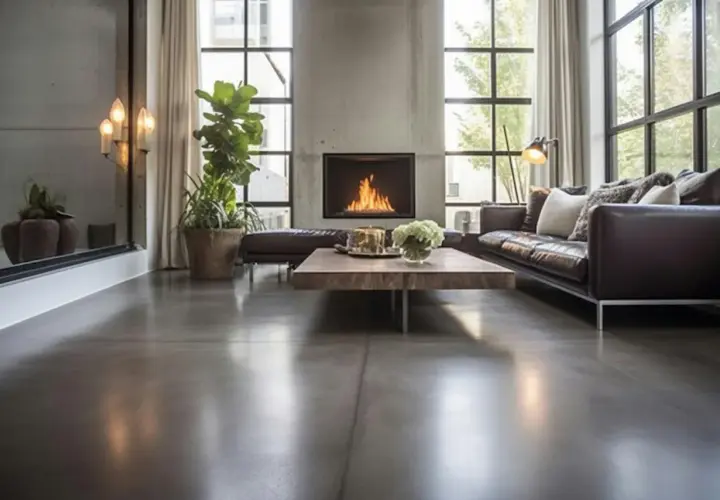 Un salon moderne avec un feu de cheminée crépitant, un canapé en cuir confortable et un sol en béton ciré brillant reflétant la lumière.