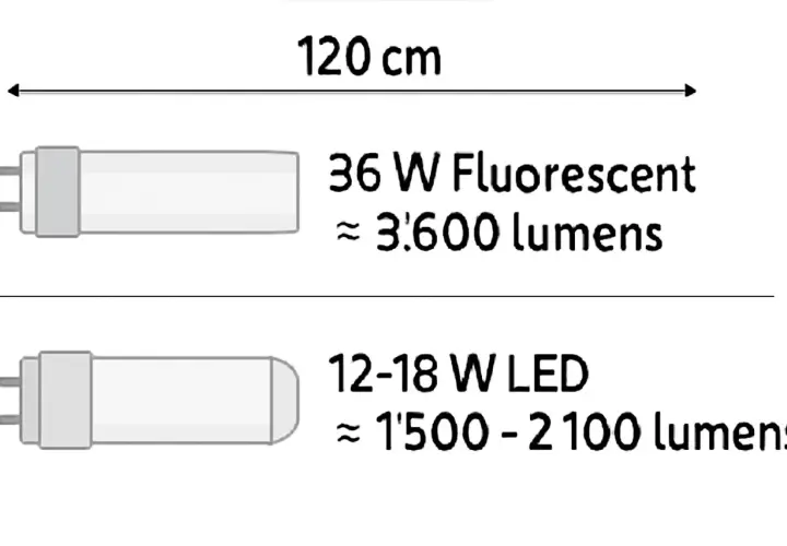 Comparaison de la consommation d'un tube néon 120 cm (36W, 3600 lumens) et d'un tube LED (12-18W, 1500-2100 lumens).