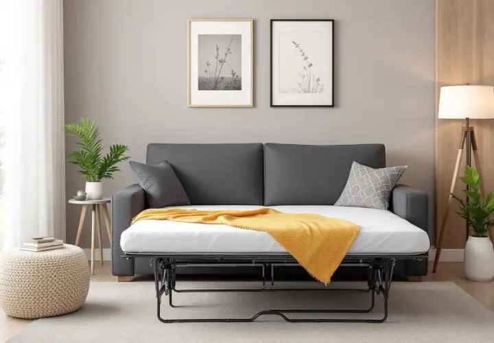 Un canapé-lit gris transformé en lit, prêt à accueillir des invités. Une couverture jaune apporte une touche de chaleur à cette chambre.