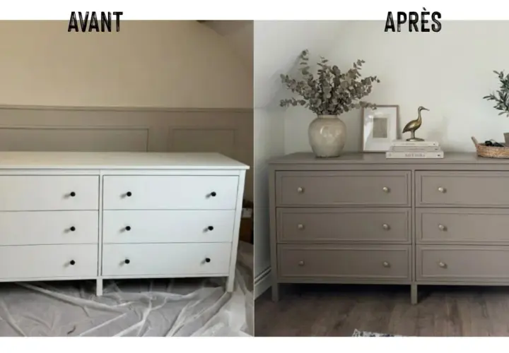 Avant/après : un relooking meuble réussi. La commode blanche devient taupe, plus chic et décorée.