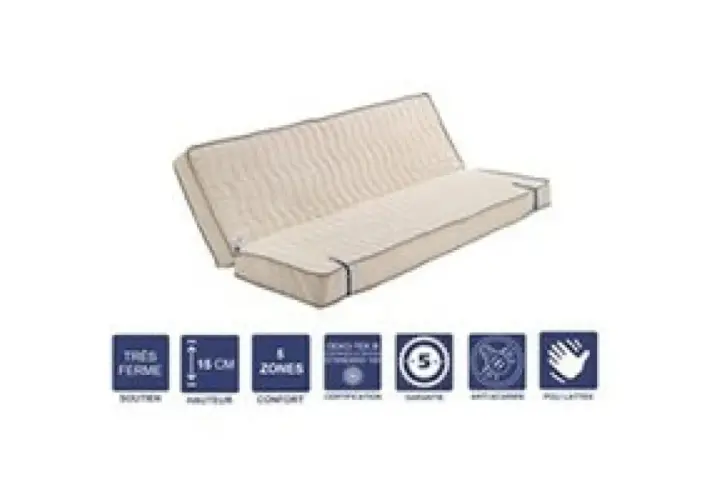 Matelas clic clac beige, très ferme, 18 cm d'épaisseur, 5 zones de confort. L'attache matelas clic clac maintient les deux parties ensemble.
