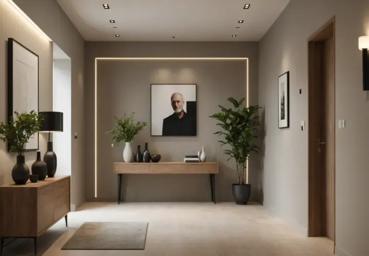 Un couloir moderne avec une **niche murale** illuminée, un portrait, des plantes et un meuble en bois.