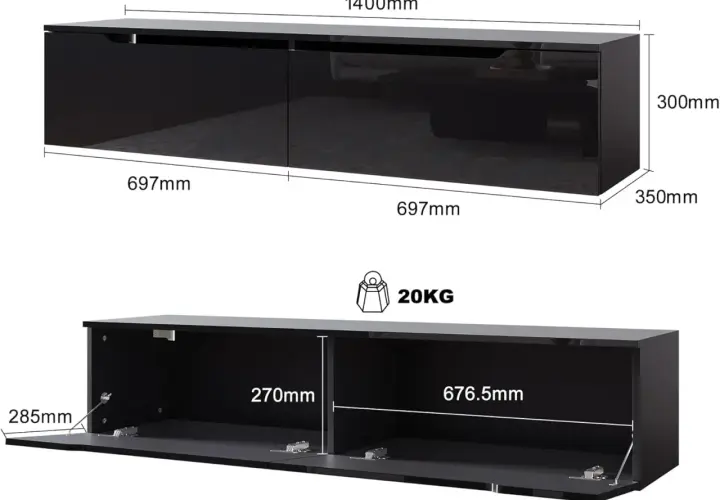 Meuble TV noir brillant, 140cm de long. Idéal pour choisir quelle taille de TV choisir pour un salon. Poids max 20kg.