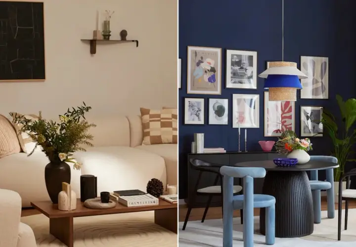 Aménager un petit salon avec un canapé cosy, une table basse en bois et une décoration murale. À droite, une salle à manger moderne avec une table ronde, des chaises bleues et une suspension design.