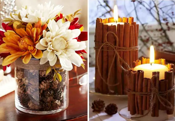 Bouquet d'automne dans un vase rempli de pommes de pin, et bougies décorées de bâtons de cannelle. Idées de deco automne a faire soi meme.