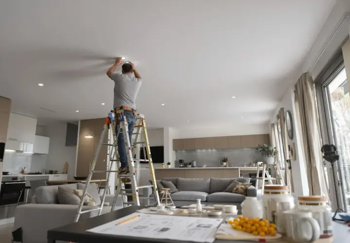Un homme installe des ampoules LED au plafond d'un salon moderne. La puissance de ces ampoules LED salon assure un éclairage optimal.