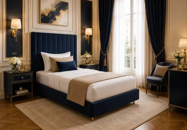 Chambre luxueuse avec lit bleu marine, idéal pour une personne. La largeur matelas 1 place est parfaite pour ce couchage élégant.