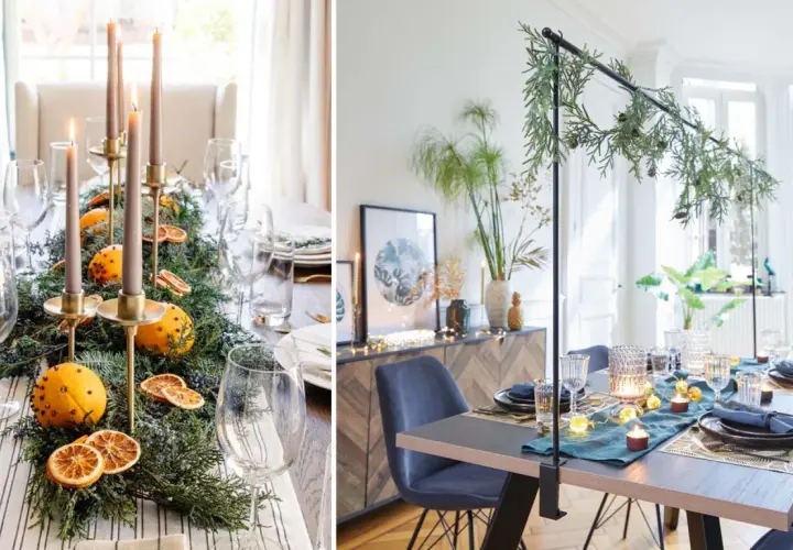 Ambiance festive : deux tables dressées avec des centres de table naturels, bougies et oranges, pour une tendance déco centre de table salle à manger chaleureuse.