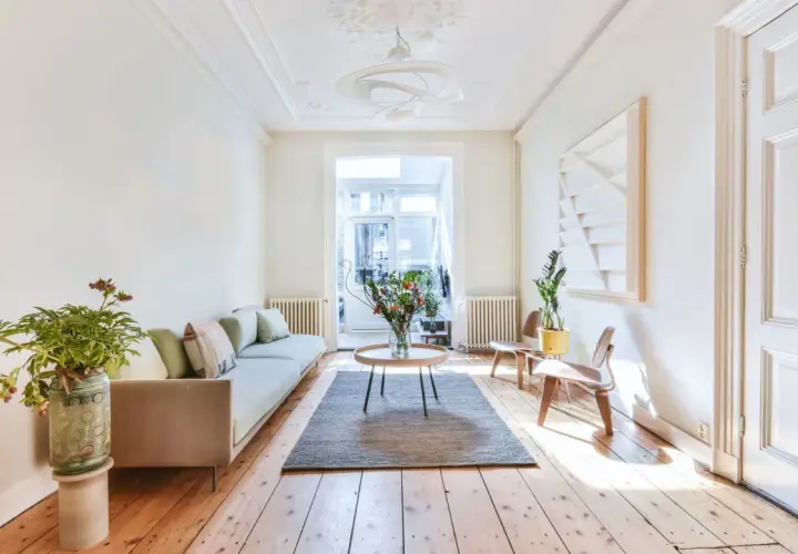Un salon lumineux avec un canapé clair, des plantes et une grande fenêtre. Idéal pour savoir comment rendre une pièce plus lumineuse.