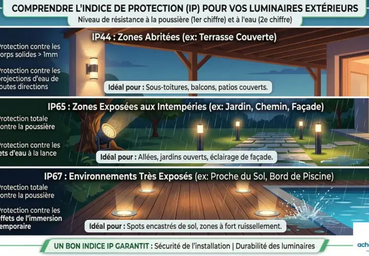 Guide des normes d'éclairage extérieur : IP44 pour zones abritées, IP65 pour intempéries, IP67 pour environnements très exposés.