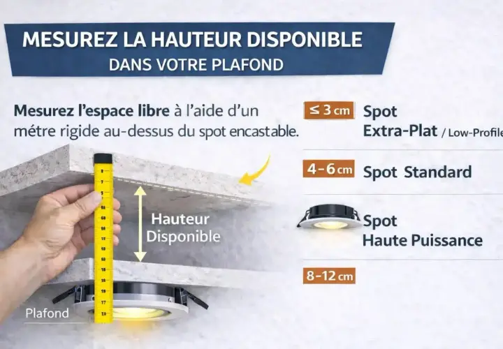 Mesure de la hauteur disponible pour choisir le bon diamètre spot encastrable. Guide pour spots extra-plats, standards et haute puissance.