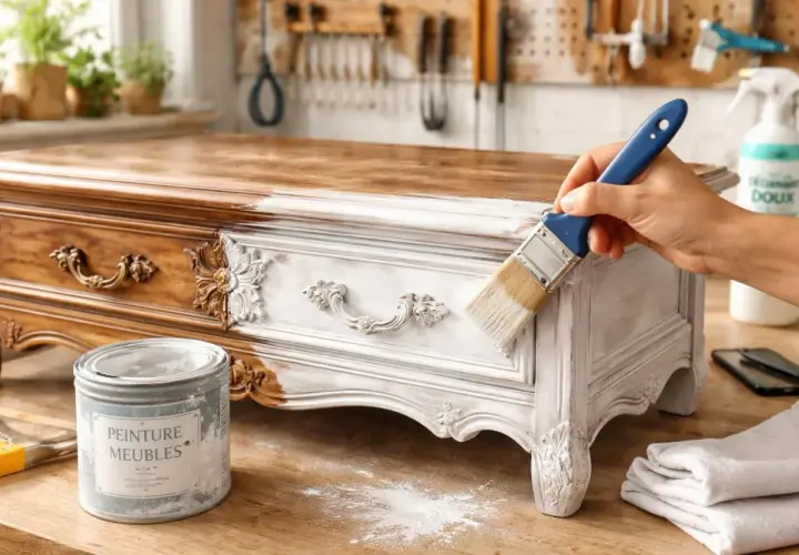 Application de peinture blanche sur un meuble ancien, laissant apparaître le bois brut par endroits. Le poncer et le laisser brut pour un style shabby chic.