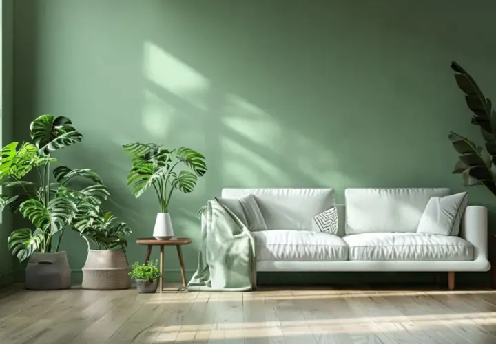 Un salon moderne aux murs peints sans solvant, avec un canapé blanc, des plantes luxuriantes et un sol en bois clair.