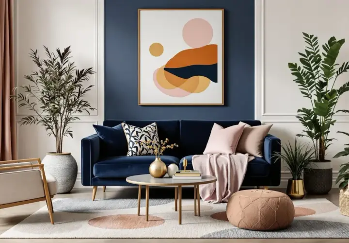 Salon moderne avec canapé velours bleu foncé, fauteuil beige, table basse ronde, plantes vertes et tableau abstrait.