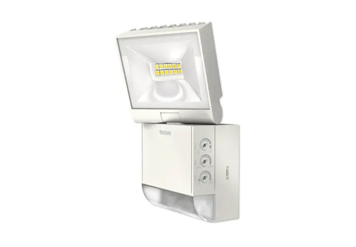 Projecteur LED extérieur Theben avec interrupteur réglable pour la luminosité, la durée et le mode.