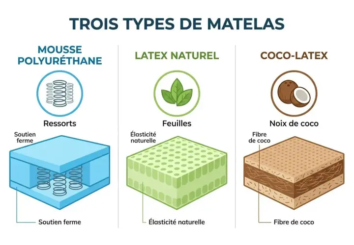Illustration comparant trois types de matelas : mousse polyuréthane à ressorts, latex naturel à feuilles, et coco-latex à fibre de coco.