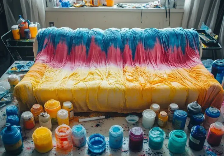 Un canapé en tissu non déhoussable est teinté en dégradé de jaune, rose et bleu. Des pots de peinture sont disposés autour.