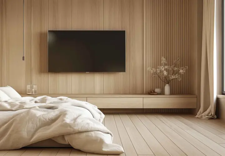 Lit douillet dans une chambre aux murs en bois. La hauteur idéale de la TV dans la chambre est respectée, juste au-dessus d'un meuble bas.