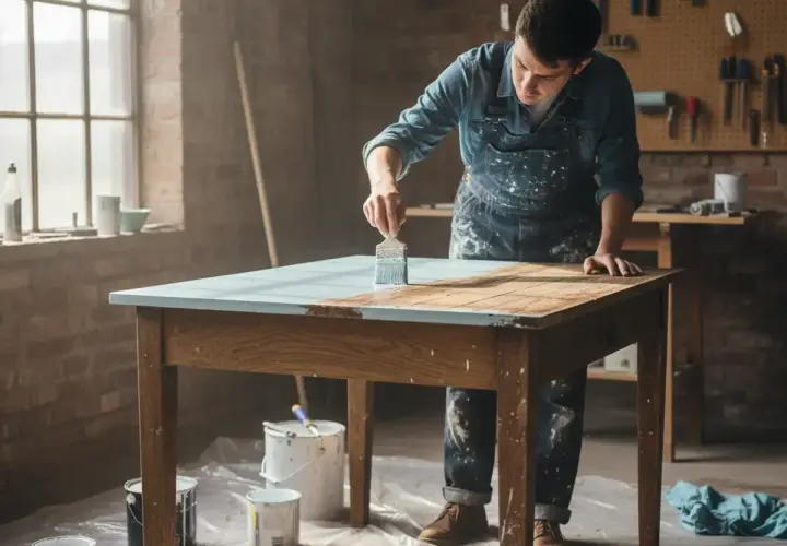 Un homme en salopette repeint une table en bois avec une touche de bleu clair. Des pots de peinture sont disposés autour.