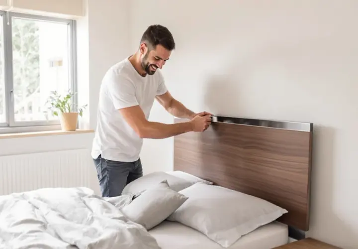 Un homme installe une tête de lit sans mur, en bois et métal, sur un lit blanc avec des draps gris.