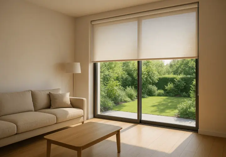 Comment habiller une baie vitrée : des stores enrouleurs discrets filtrent la lumière du soleil sur un jardin verdoyant.