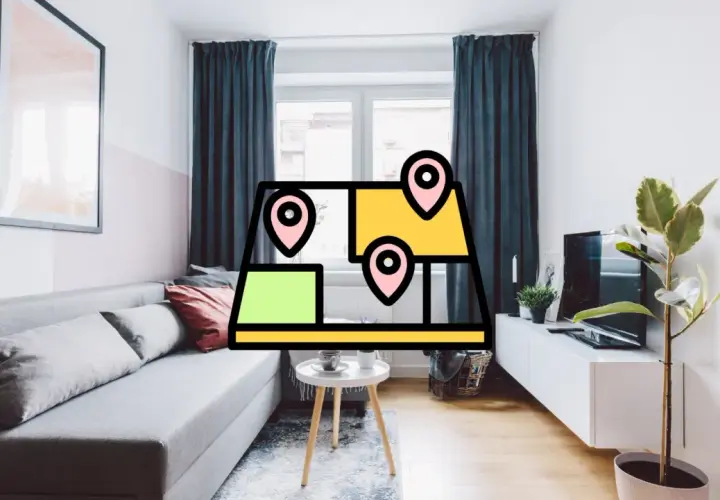 Un salon moderne avec un canapé gris, une table basse et une plante. Une carte stylisée avec des repères suggère un projet de home staging sans vente.