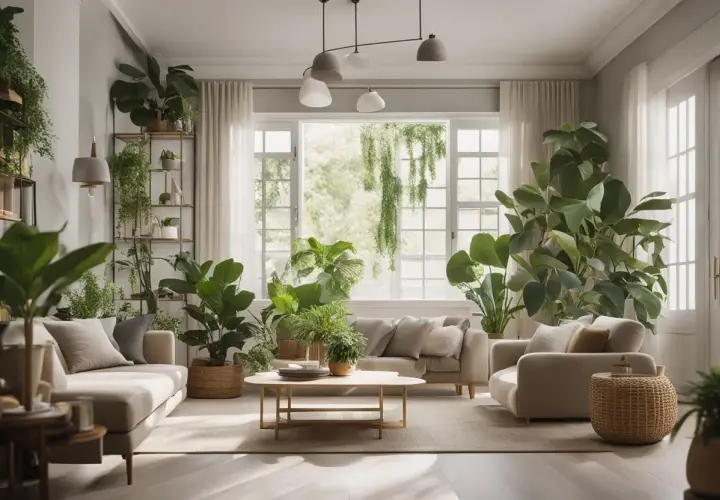Un salon baigné de lumière naturelle, avec de nombreuses plantes vertes créant une ambiance zen et un feng shui harmonieux.