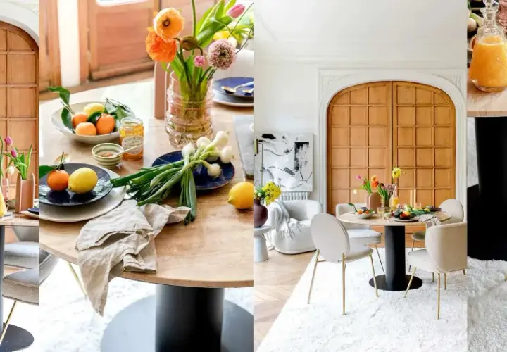 Comment assortir des chaises à une table : des chaises élégantes en tissu beige avec des pieds dorés s'harmonisent parfaitement avec une table ronde en marbre clair.