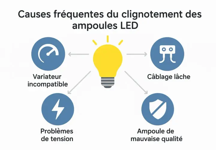 Causes de clignotement des ampoules LED : variateur incompatible, câblage lâche, problèmes de tension, ampoule de mauvaise qualité. Pour réparer lampe LED qui clignote, vérifiez ces points.