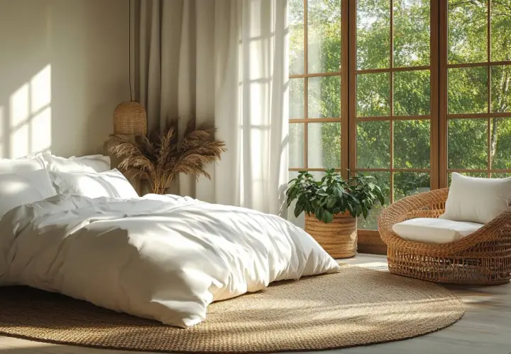 Chambre scandinave déco cocooning. Un lit blanc immaculé, un fauteuil en rotin, une plante verte et des herbes de pampa sous une grande fenêtre lumineuse.