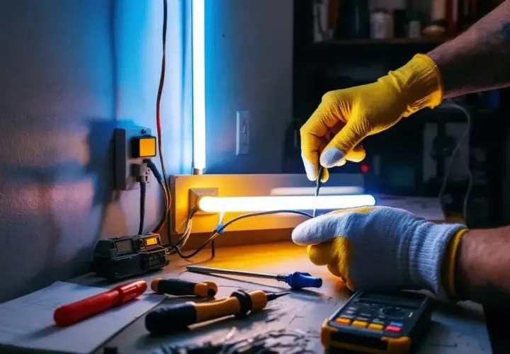 Mains électriques pour un branchement néon LED. Des mains gantées travaillent sur un circuit, outils et multimètre à proximité.