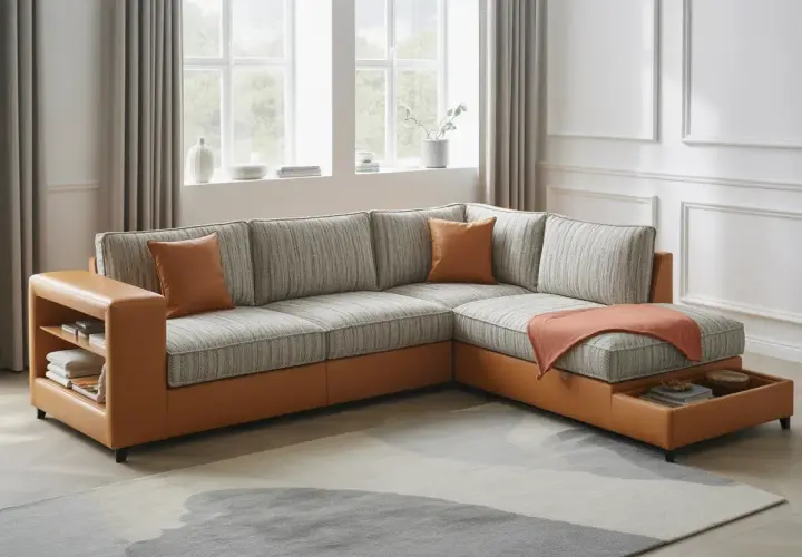 Canapé d'angle moderne en tissu gris et cuir cognac, avec rangements intégrés. Idéal pour optimiser l'espace et le confort.